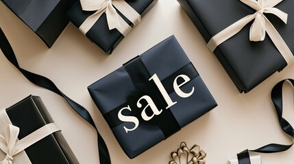 black gift boxes with sleek ribbons, each adorned with the word "sale" in a modern and minimalist style, creating a sophisticated and impactful representation of discounted offerings.