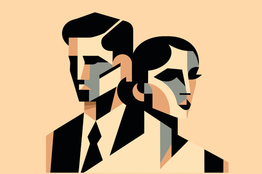 Separating couple. A man and a woman are looking in different directions, quarreling.  Abstract  cubism artwork. Simple vector illustration. Creative colorful geometric vector art design illustration.