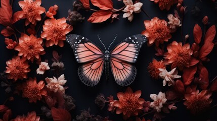 butterfly on a dark background with flowers
