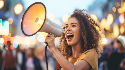 Megaphone equality or happy women rights protest for global change gender with curly black hair woman fight for support city speech on human by social justice warrior and sunset background. - obrazy, fototapety, plakaty