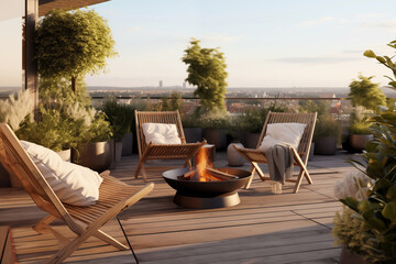 Cozy outdoor roof terrace with armchairs, fire pit and potted plants - obrazy, fototapety, plakaty