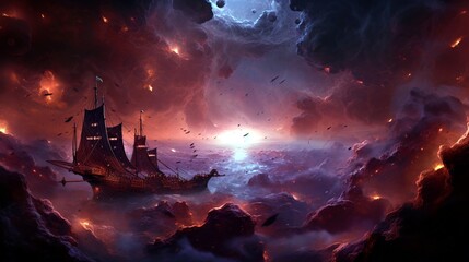 A cosmic panorama showcasing a crimson nebula swirling in the backdrop, while a fleet of enigmatic red-rayed ships sails through the infinite darkness. - obrazy, fototapety, plakaty