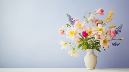 a bouquet of spring flowers on a light background in a modern minimalist style, a composition with a generous amount of empty space on the right, emphasizing simplicity and elegance.