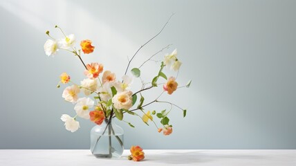 a bouquet of spring flowers on a light background in a modern minimalist style, a composition with a generous amount of empty space on the right, emphasizing simplicity and elegance.