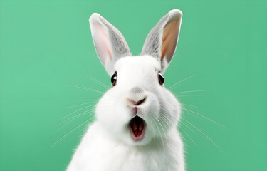 Happy Easter greeting card - White Easter bunny rabbit who looks amazed or scared, mouth opened, isolated on green background