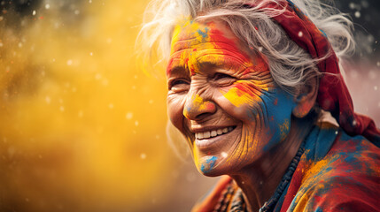 A joyous elderly woman in traditional attire, smiling brightly with Holi festival colors adorning her face