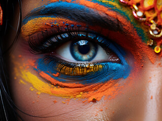 Close-up of a beautifully detailed eye makeup inspired by the vibrant colors of the Holi festival