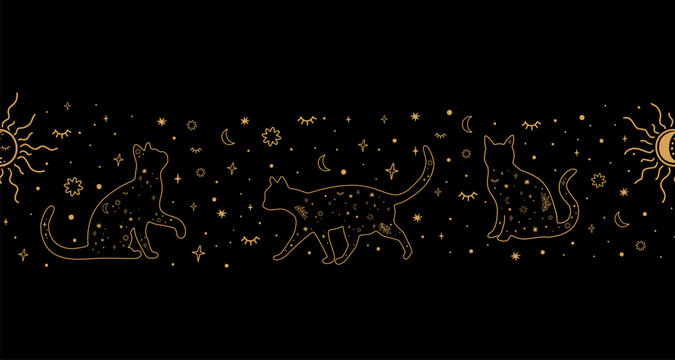 Celestial cat seamless long border. Mystery stars, sun, moon on the black repeat background. Magic boho symbols on the black sky. Minimal line art design. Esoteric vector illustration.