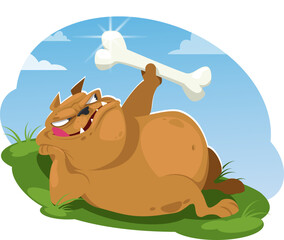 Dog is lying on grass and holding large bone in his paws, dog looks at bone with appetite. Stock vector illustration
