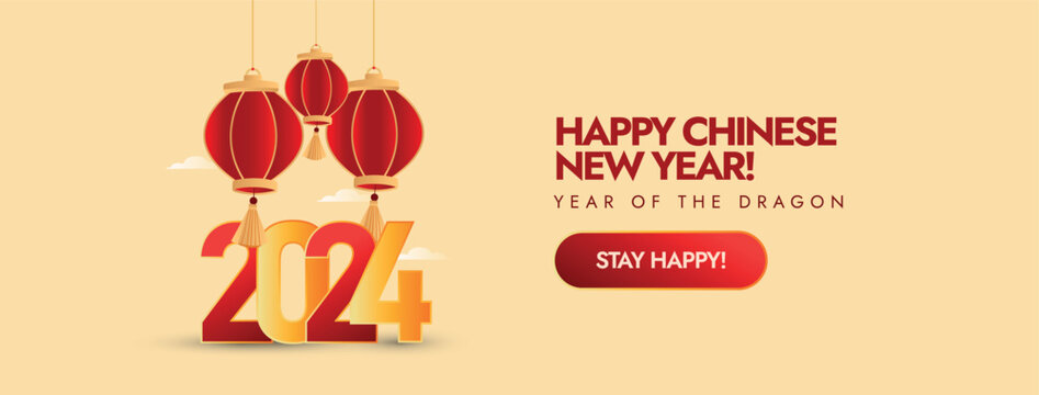 Happy new Chinese year 2024, year of the dragon. Chinese new year cover banner in light yellow colour with red Chinese lanterns. Year of the dragon Facebook banner, hoping for good luck and health