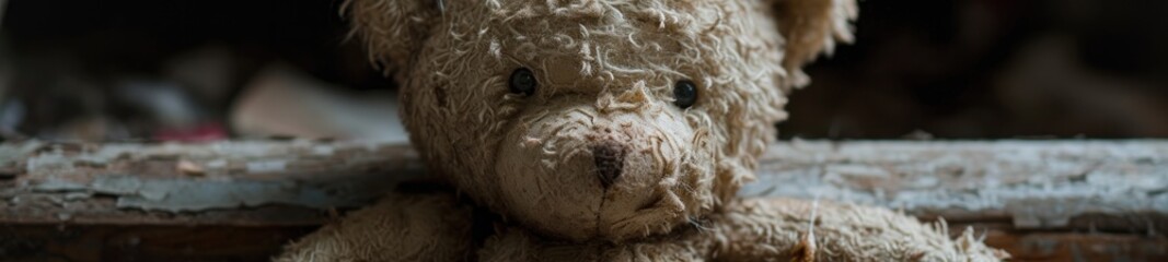A close-up of an old tattered teddy bear