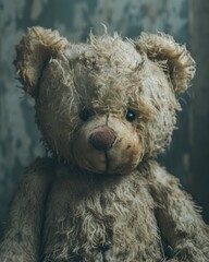 A close-up of an old tattered teddy bear