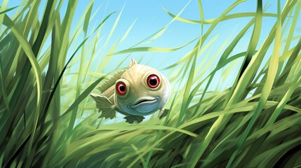 A curious girel fish inspecting a hidden treasure amidst a bed of swaying sea grass.