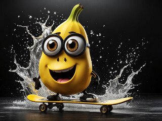 cartoon banana with eyes rides a skateboard in splashes of water on a black background