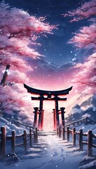 Colorful Snowy Japanese Torii Gate with Sakura and Beautiful Winter Vertical Landscape Wallpaper - obrazy, fototapety, plakaty