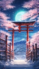 Colorful Snowy Japanese Torii Gate with Sakura and Beautiful Winter Vertical Landscape Wallpaper