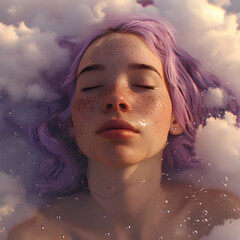 Woman purple hair with soft cloud, mental health, brain fog woman day card design