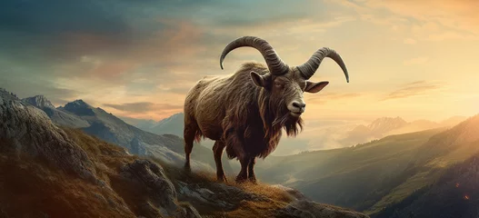 Foto op Plexiglas A bull with horns spiraled like ancient symbols, its hooves barely touching the ground, levitates above a mountaintop, its form radiating mystical energy © Zeeshan