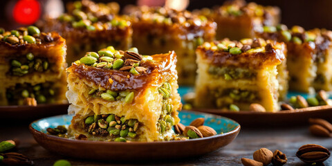 Turkish baklava with pistachios served on a platter