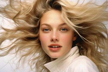 Blonde Elegance: Close-Up of Young Model Woman in Hair Motion. Ad for Shampoo Conditioner Hair Products