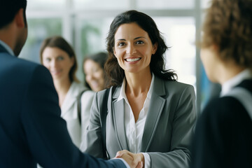 Office Elegance: Close-Up of Happy Businesswoman Manager Engaging in Handshake