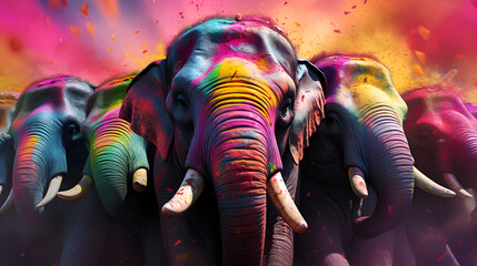A majestic procession of decorated elephants adorned with vibrant Holi festival colors.