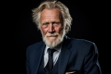 Studio portrait of a senior man with grey hair and beard wearing a blue suit.