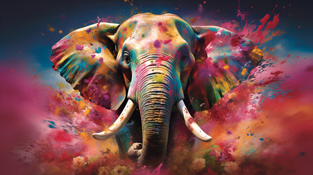 An elephant in a burst of Holi festival colors, showcasing the vibrancy of this traditional Indian celebration.