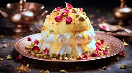 A delectable display of golden-hued rasmalai adorned with saffron strands, nestled on a bed of crushed pistachios and rose petals.