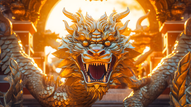 Close up of golden dragon statue in a temple, Chinese Dragon Background 