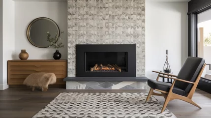  A modern stone fireplace with a patterned tile. AI generated © StarStockArt