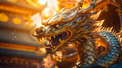 Close up of golden dragon statue in a temple, Chinese Dragon Background 