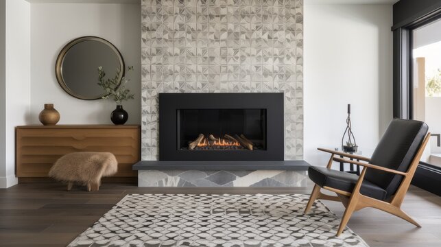 A modern stone fireplace with a patterned tile. AI generated