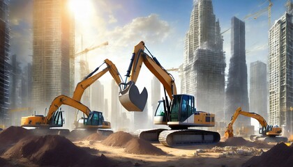 Construction excavators working on emerging new city