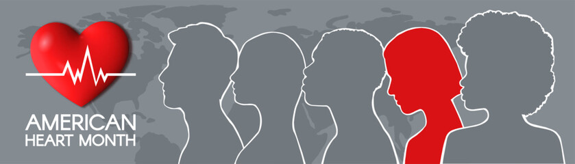 American Heart Month horizontal banner with silhouettes of diverse people. Vector flat illustration