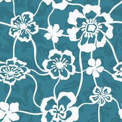 Seamless floral brush pattern ink effect, trendy handmade draw for fabric design, decor, ceramics, greeting cards, flowers, texture print on a turquoise background