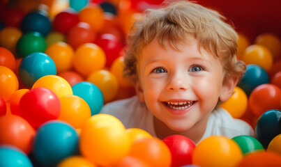 Fototapeta na wymiar Blonde little boy lying on multi colour plastic balls in big dry paddling pool in playing centre. Having fun in playroom. Leisure Activity. Little ginger kid playing with balls in playground ball pool