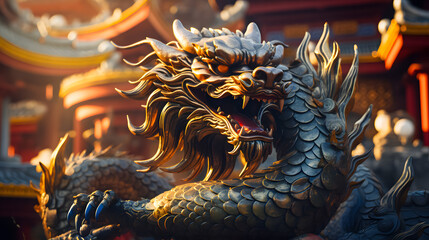 Close up of golden dragon statue in a temple, Chinese Dragon Background 