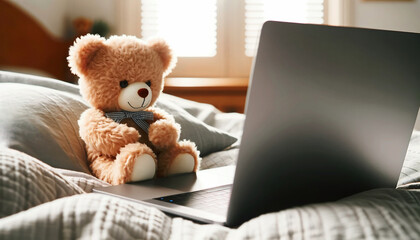 Teddybär mit Laptop im gemütlichen Schlafzimmer - obrazy, fototapety, plakaty