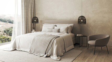 Serene bedroom interior with panoramic view, featuring cozy bedding and stylish pendant lighting