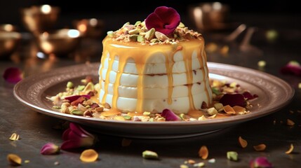 A delectable display of golden-hued rasmalai adorned with saffron strands, nestled on a bed of crushed pistachios and rose petals.