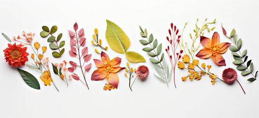 assortment of leaves and flowers on white background