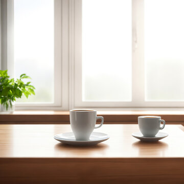 Empty table with coffee, room background cafe next to city