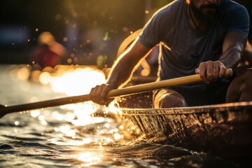 Adventurous Man rows an oar in a canoe. River summer kayaking sport. Generate Ai - obrazy, fototapety, plakaty
