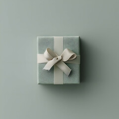 Flat lay top-down shot sage green ring box with cute tape bow. Present box on the light blue background. High quality