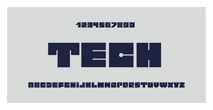 Tech font. Futuristic alphabet for technology, engineering, architecture, science, gaming, music, and sport. Printed circuit board. Squared letters and numbers. Abstract background. Art illustration.