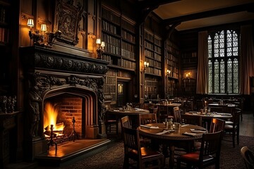 Captivating Scene in a Cozy Old English Library with Towering Bookshelves and a Crackling Fireplace - Powered by Adobe