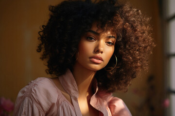 Fashion beautiful sexy woman with afro hair in elegant clothes