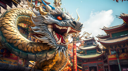 3D chinese dragon on the street in the city while chinese new year festival. Chinese Dragon Background