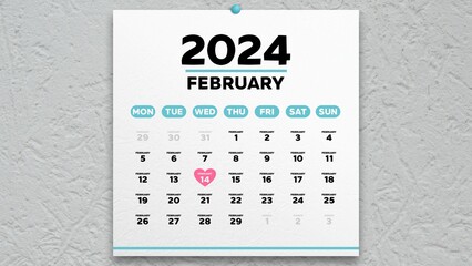 A beautiful February page of the calendar 2024 with the marked St Valentine's Day on it